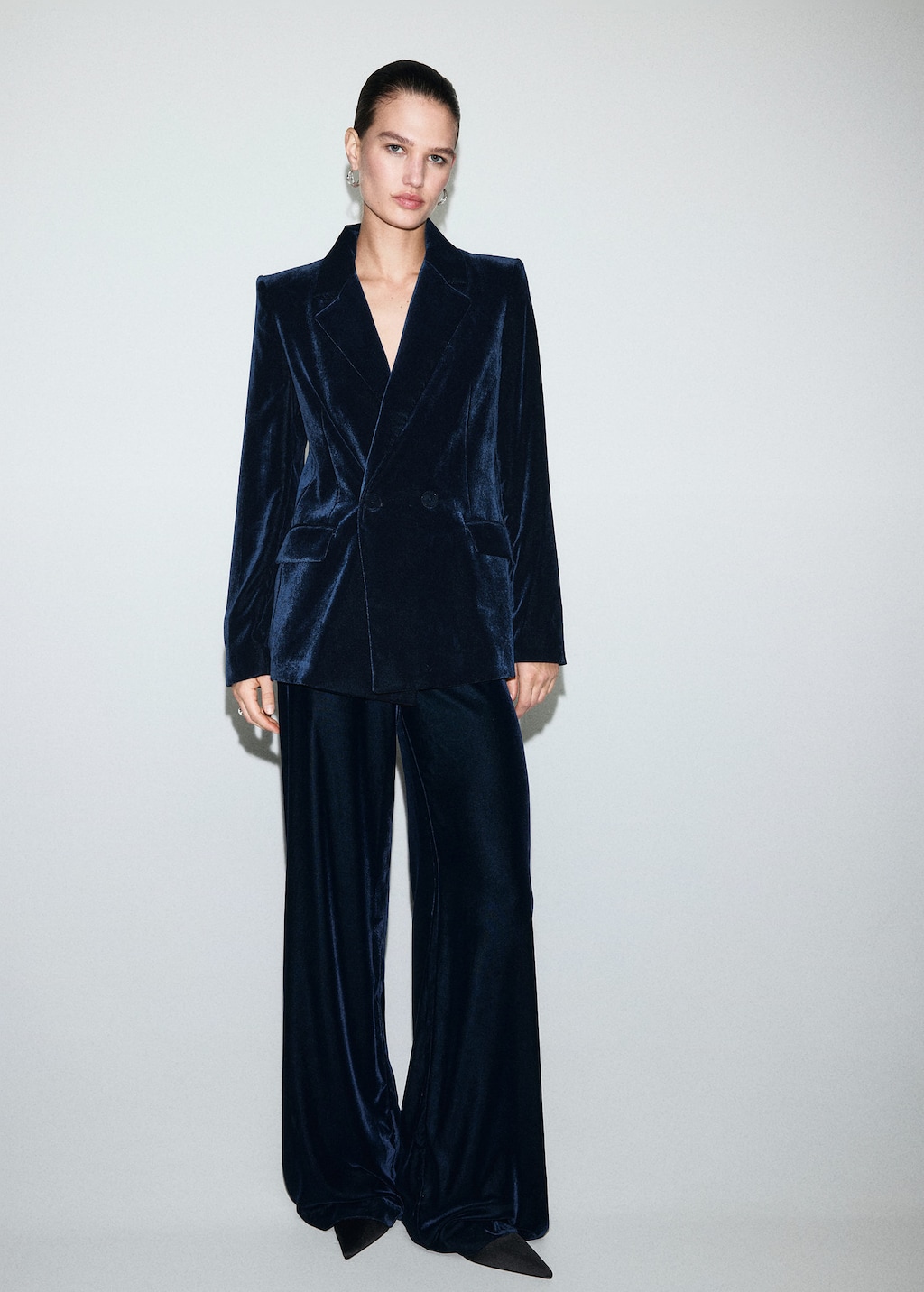 Mango Double-breasted Velvet Blazer Navy In Blue