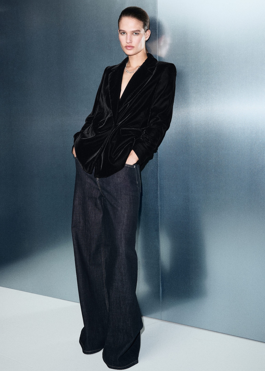 Mango Double-breasted Velvet Blazer Black