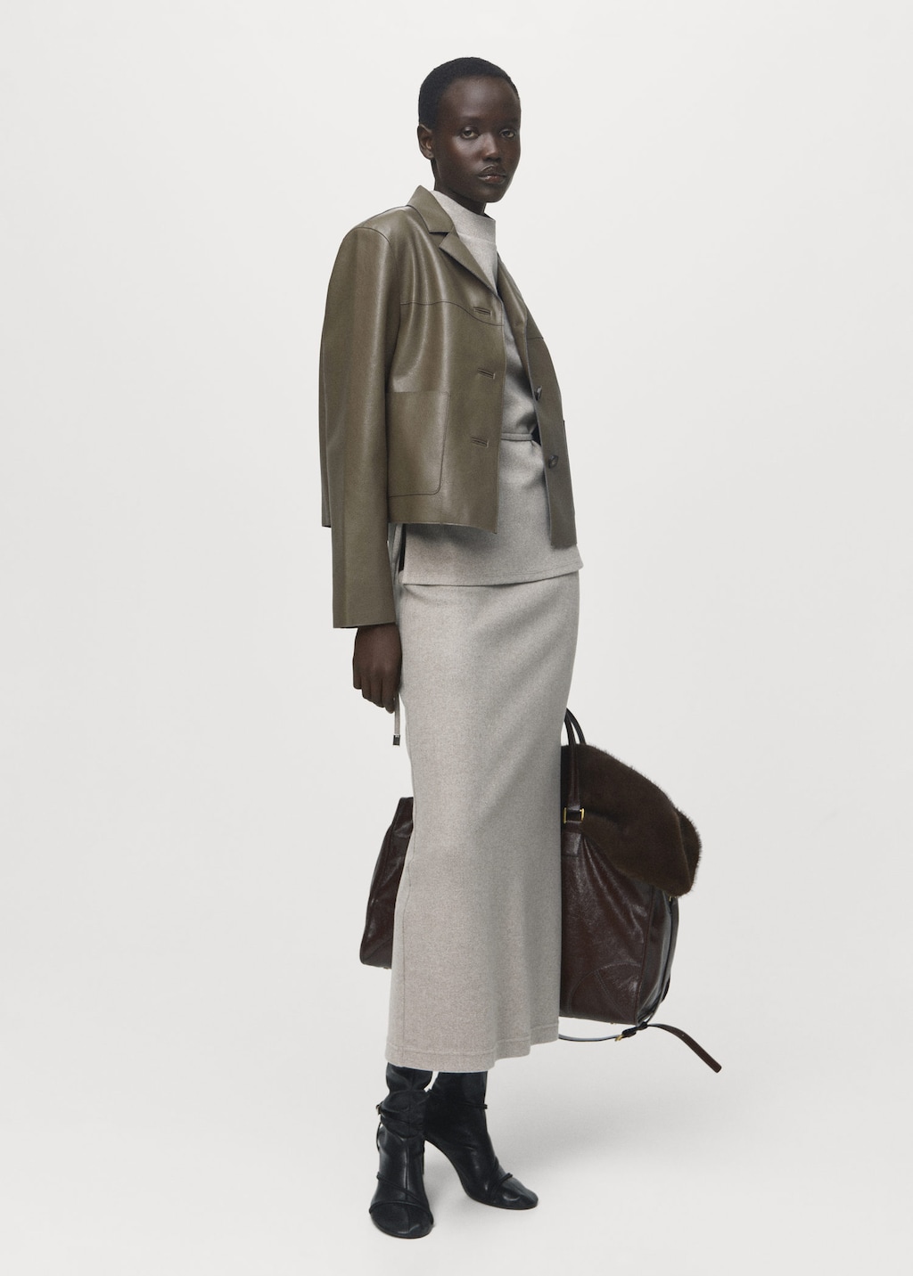 Mango Leather-effect Jacket With Pockets Olive Green