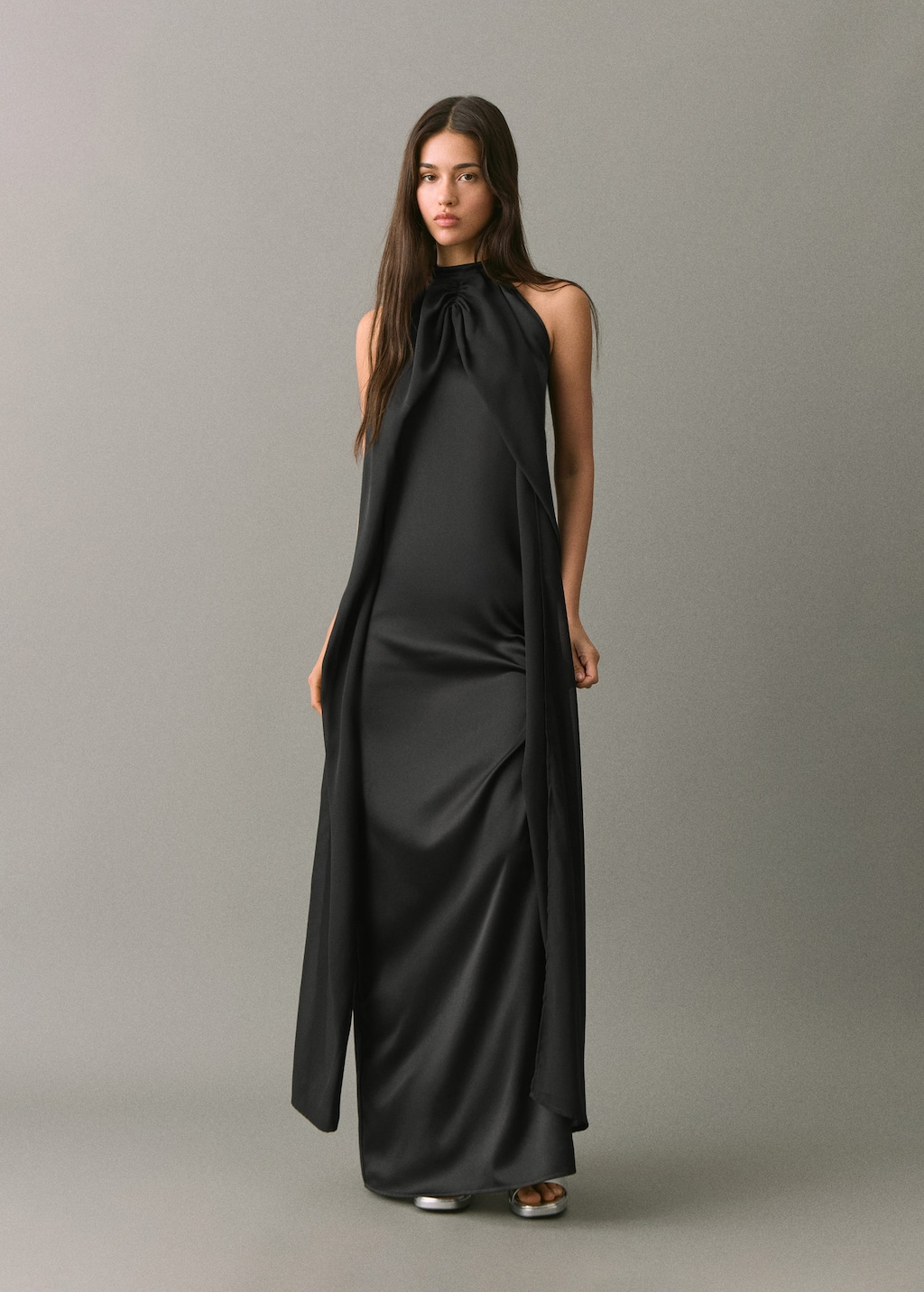 Mango Teen Satin Halter Neck Dress Black