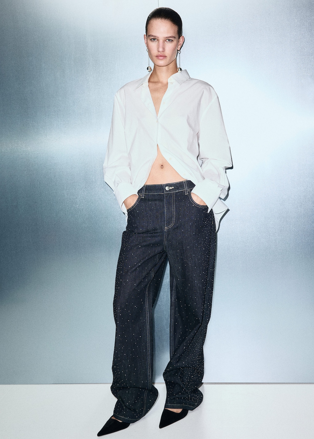 Mango Straight Jeans With Rhinestone Detail Open Blue