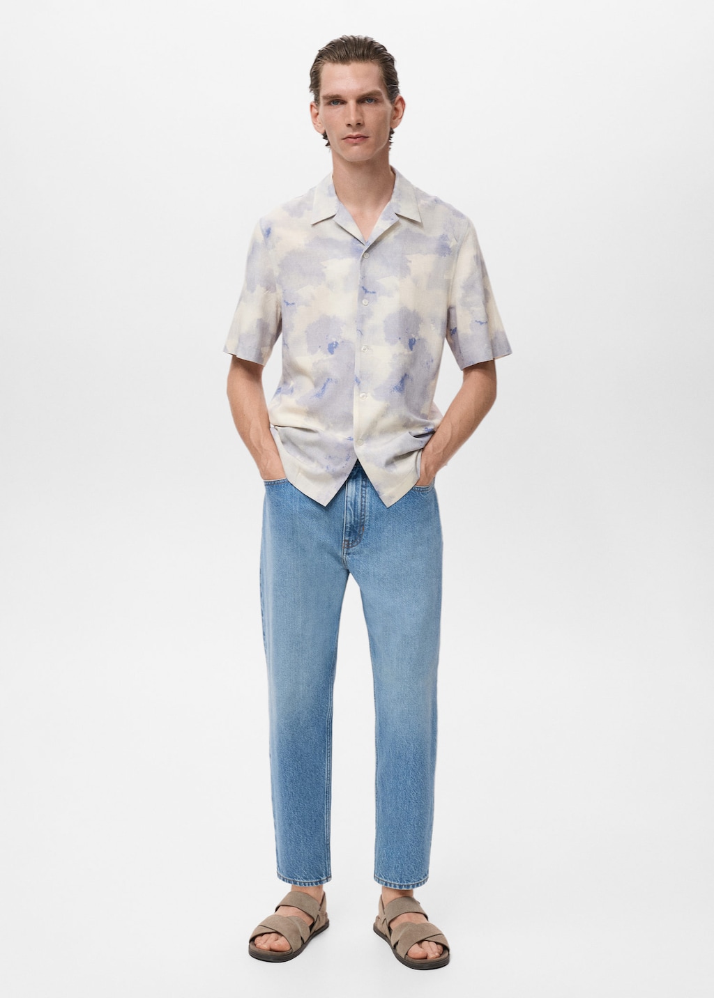 MANGO MAN - Bedrukte blouse met bowlingkraag licht/pastelgrijs