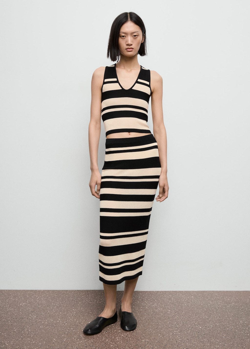 Mango Knitted Midi Skirt With Stripes Black