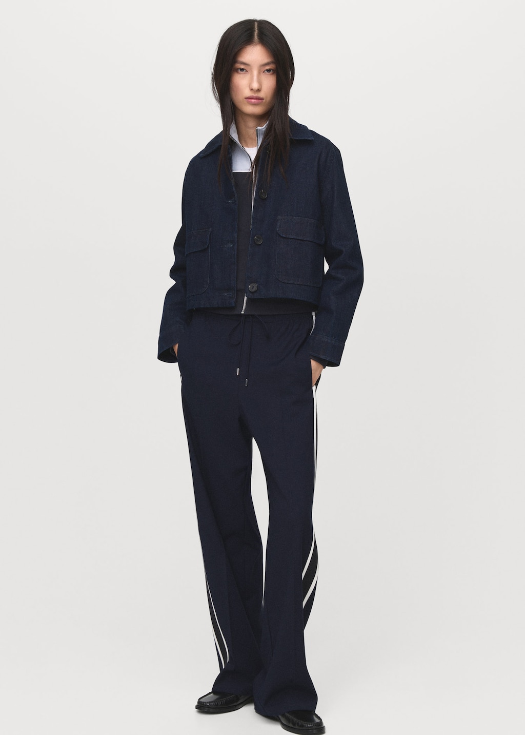 Mango Contrast Stripe Straight Trousers Navy In Blue