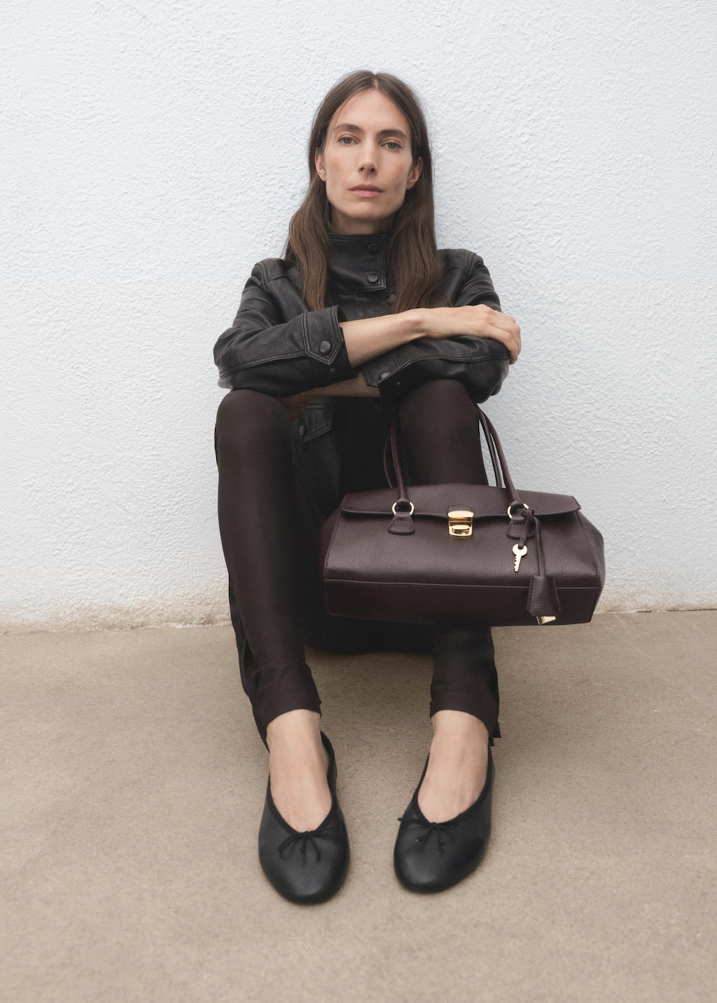 Mango Leather Ballet Flats With Bow Black
