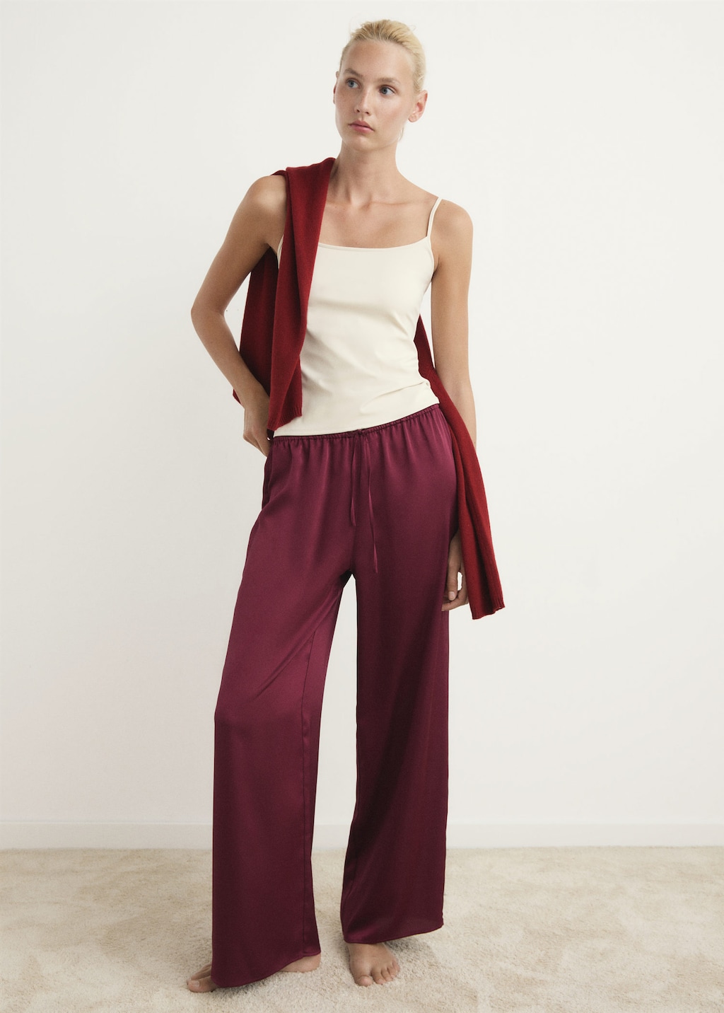 Mango Satin Long Trousers Red In Burgundy