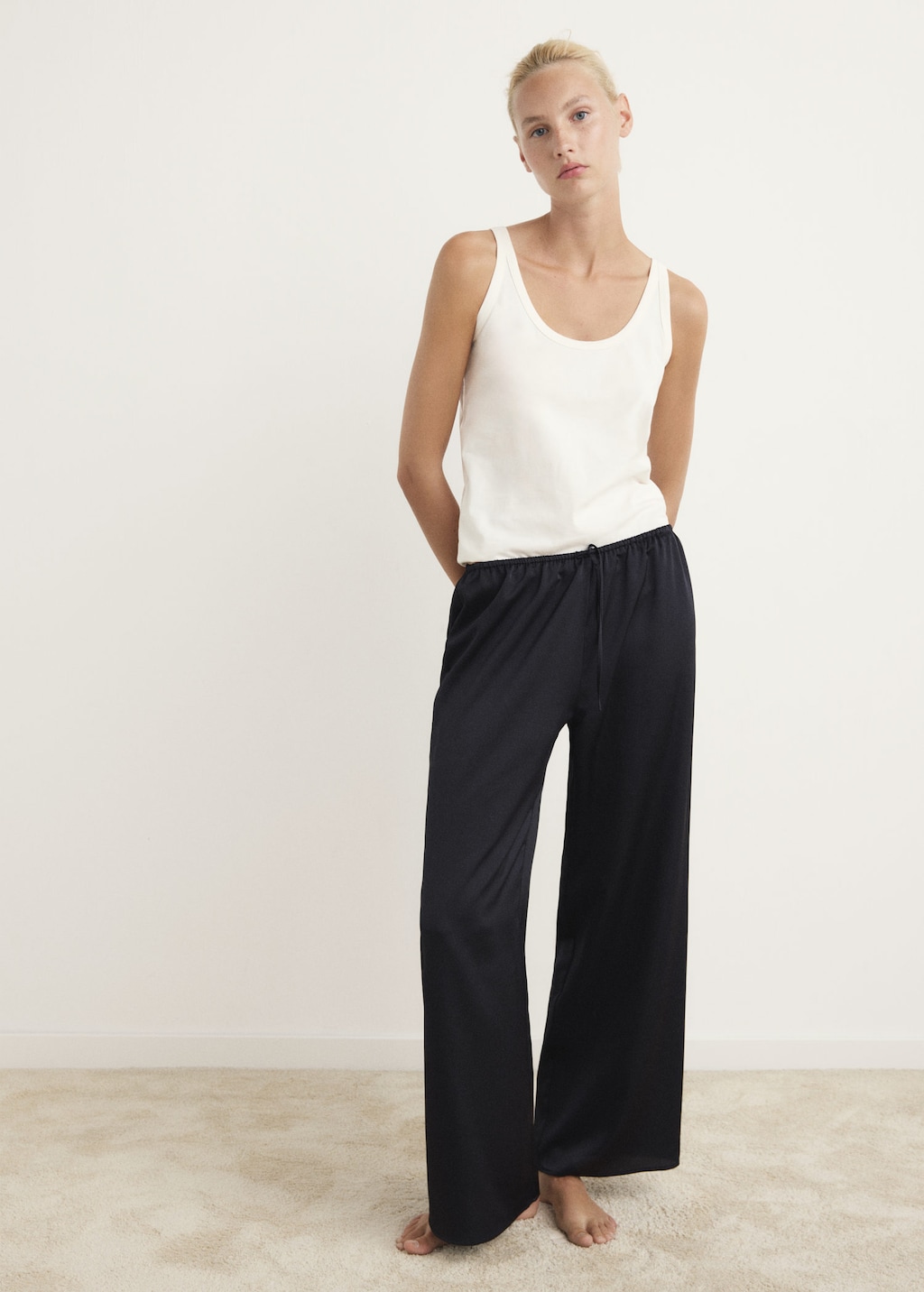 Mango Satin Long Trousers Charcoal In White