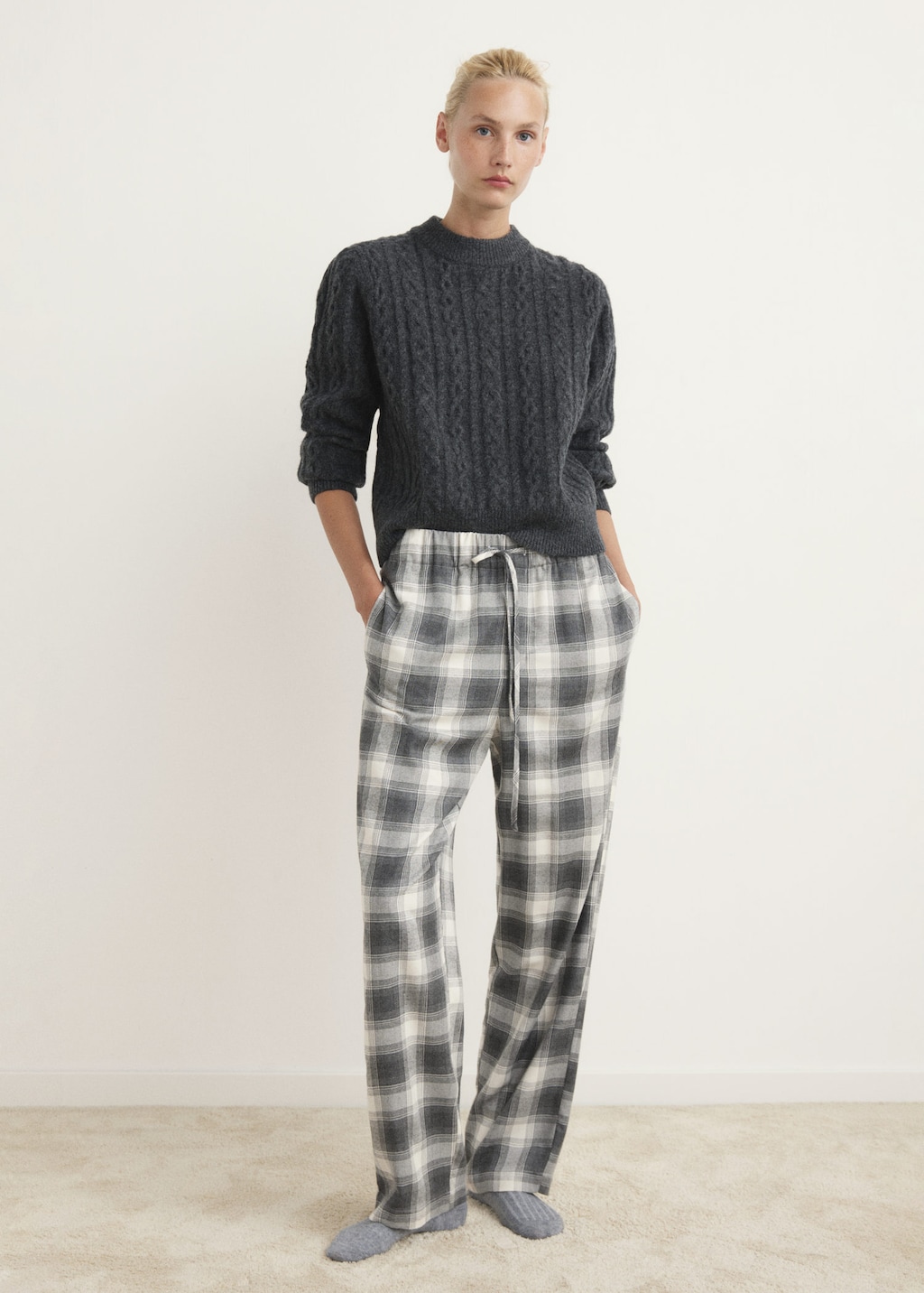 Mango Checked Flannel Trousers Grey In Gray