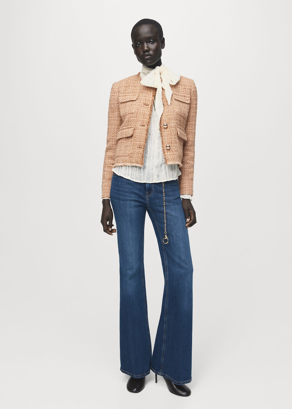 Mango Tweed Jacket With Frayed Ends Medium Brown