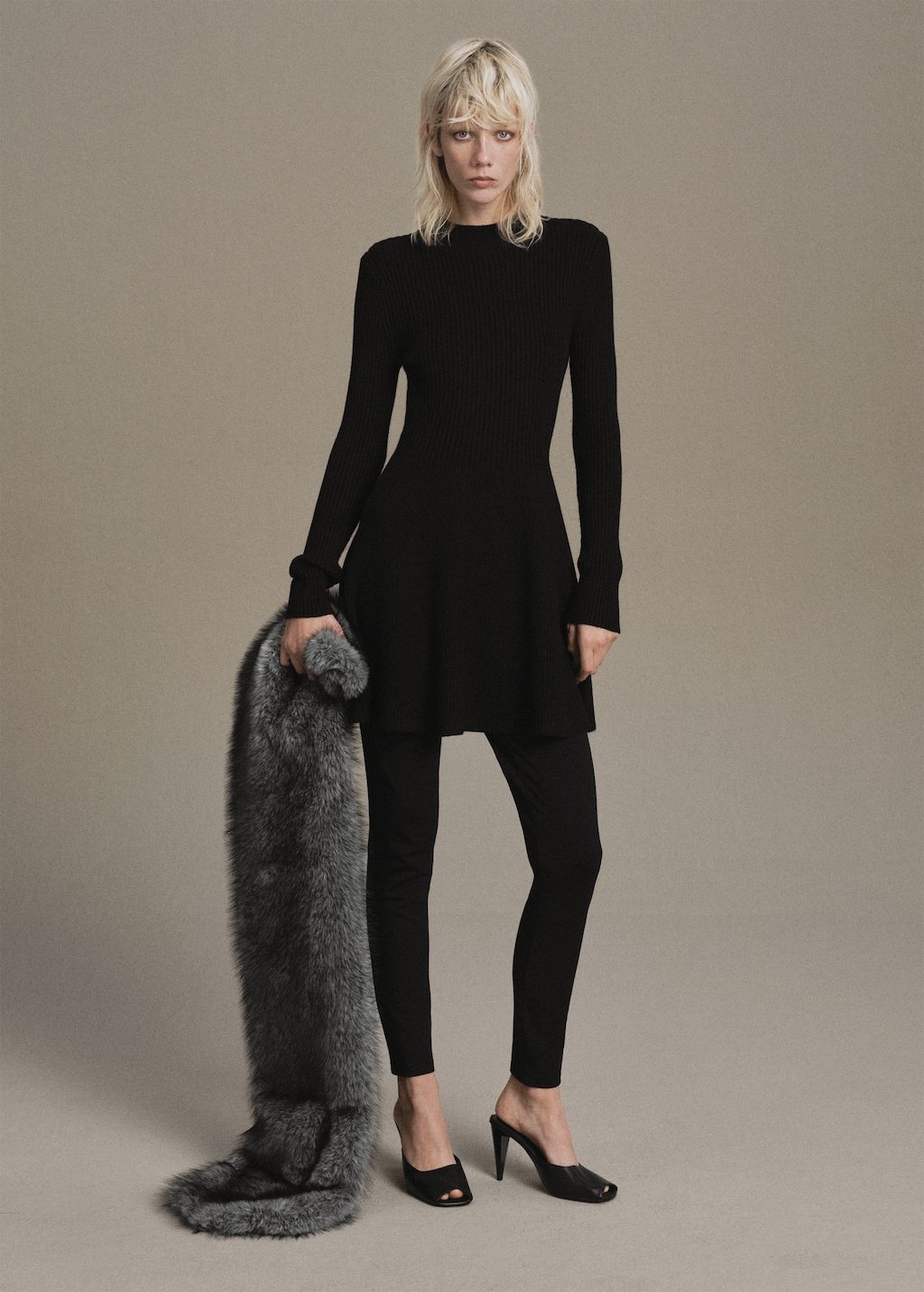 Mango Ribbed Knitted A-line Dress Black
