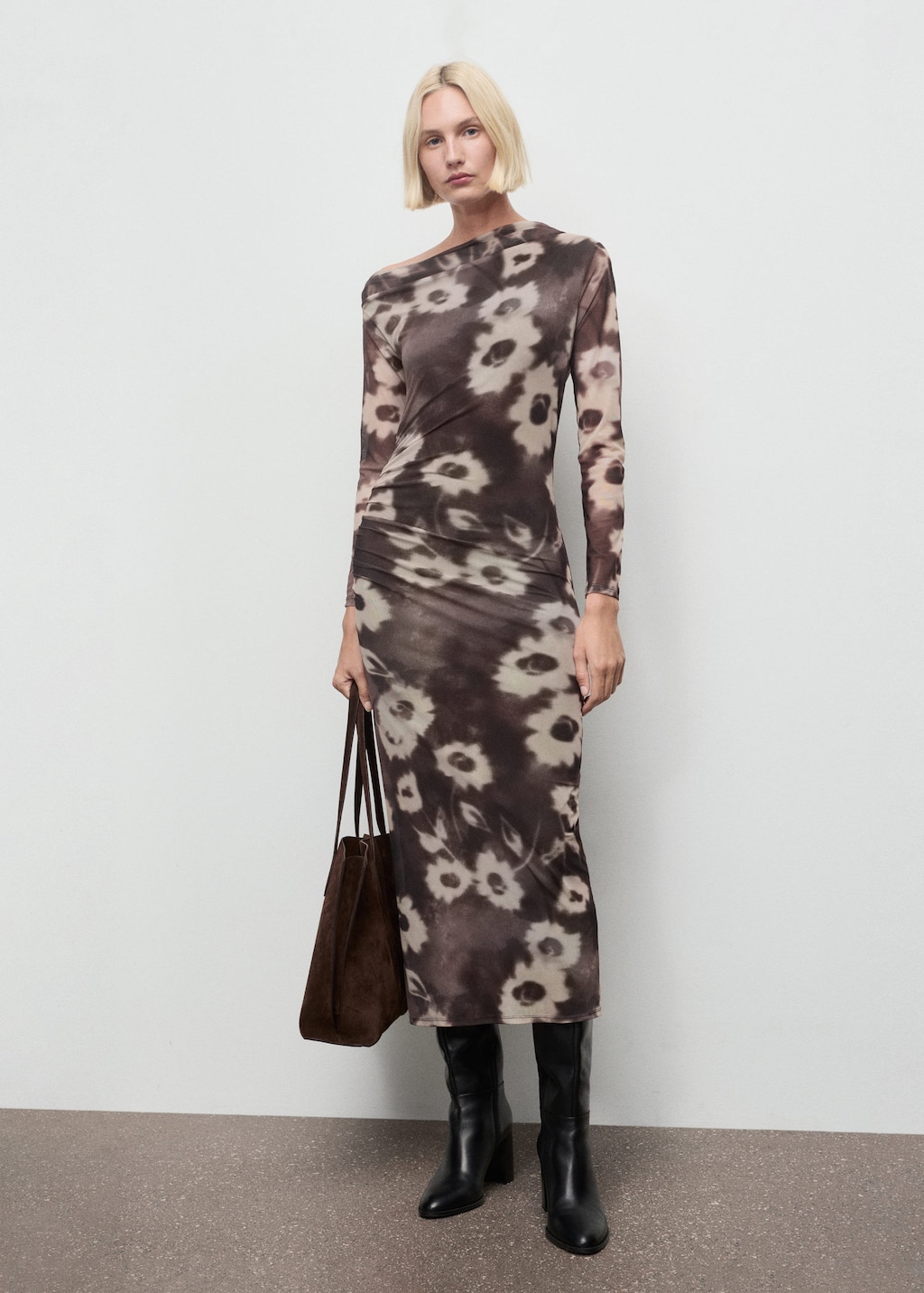 Mango Asymmetrical Floral Print Dress Brown