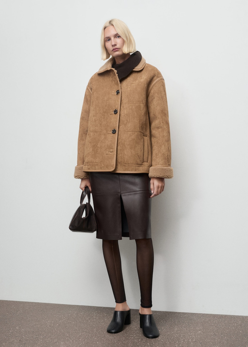 Mango Faux-shearling Leather-effect Coat Medium Brown