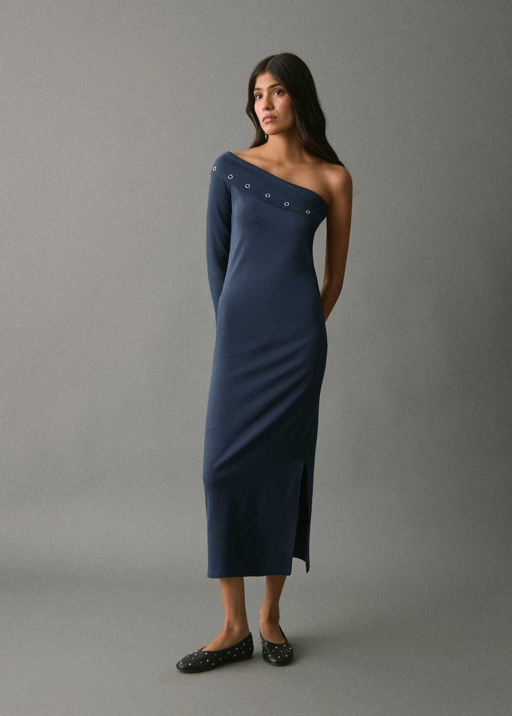 Mango Teen Asymmetrical Studded Dress Navy In Blue