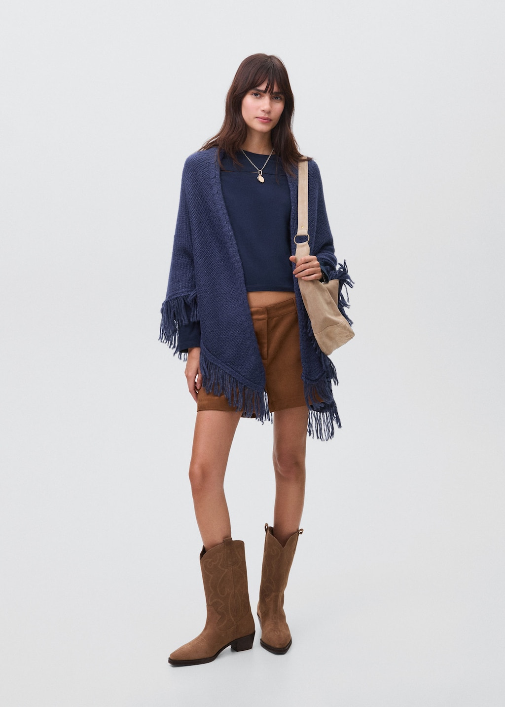 Mango Teen Knitted Poncho With Tassels Navy In Blue