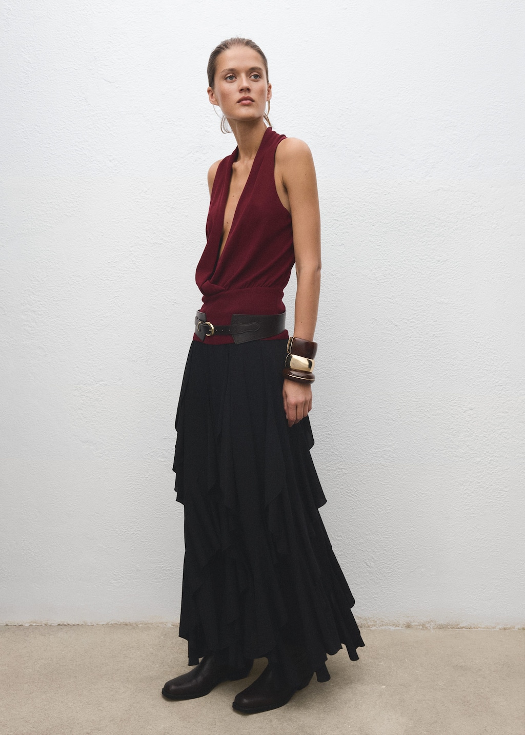 Mango V-neck Knitted Top Brown