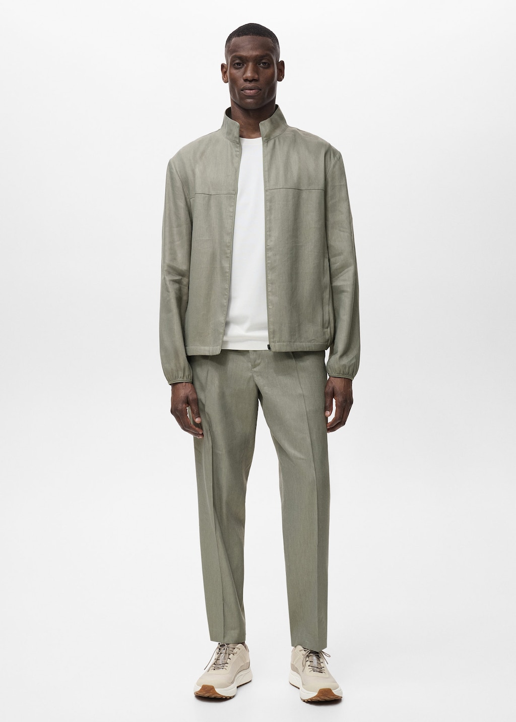 Mango Man Pleated Linen Trousers Olive Green