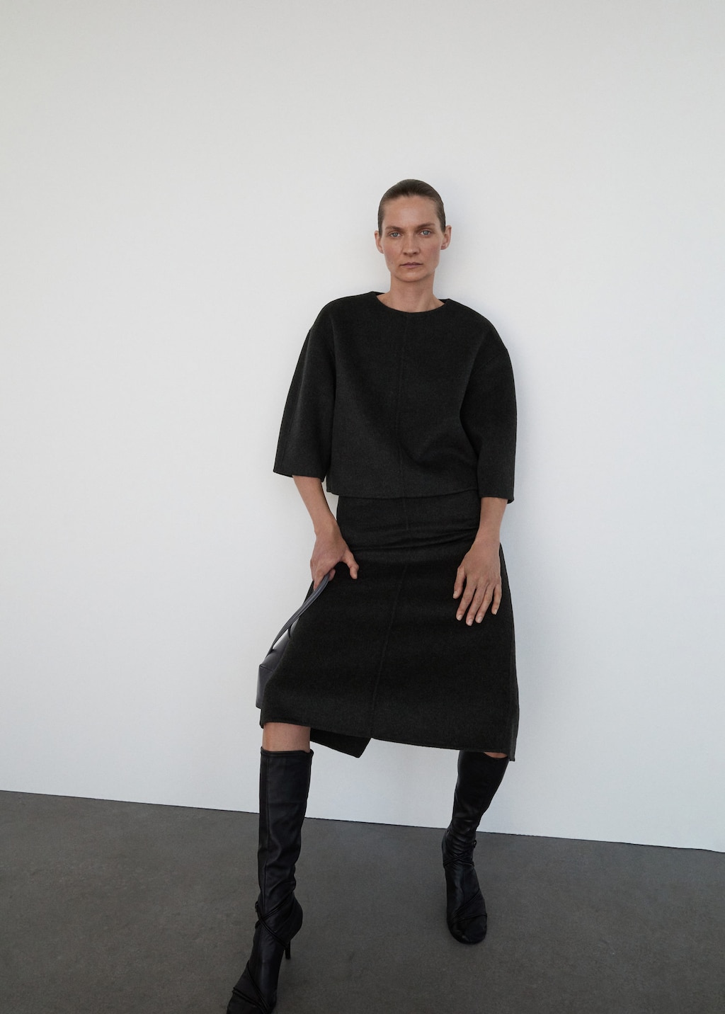 Mango Wool Top With Three-quarter Sleeve Grey In Black