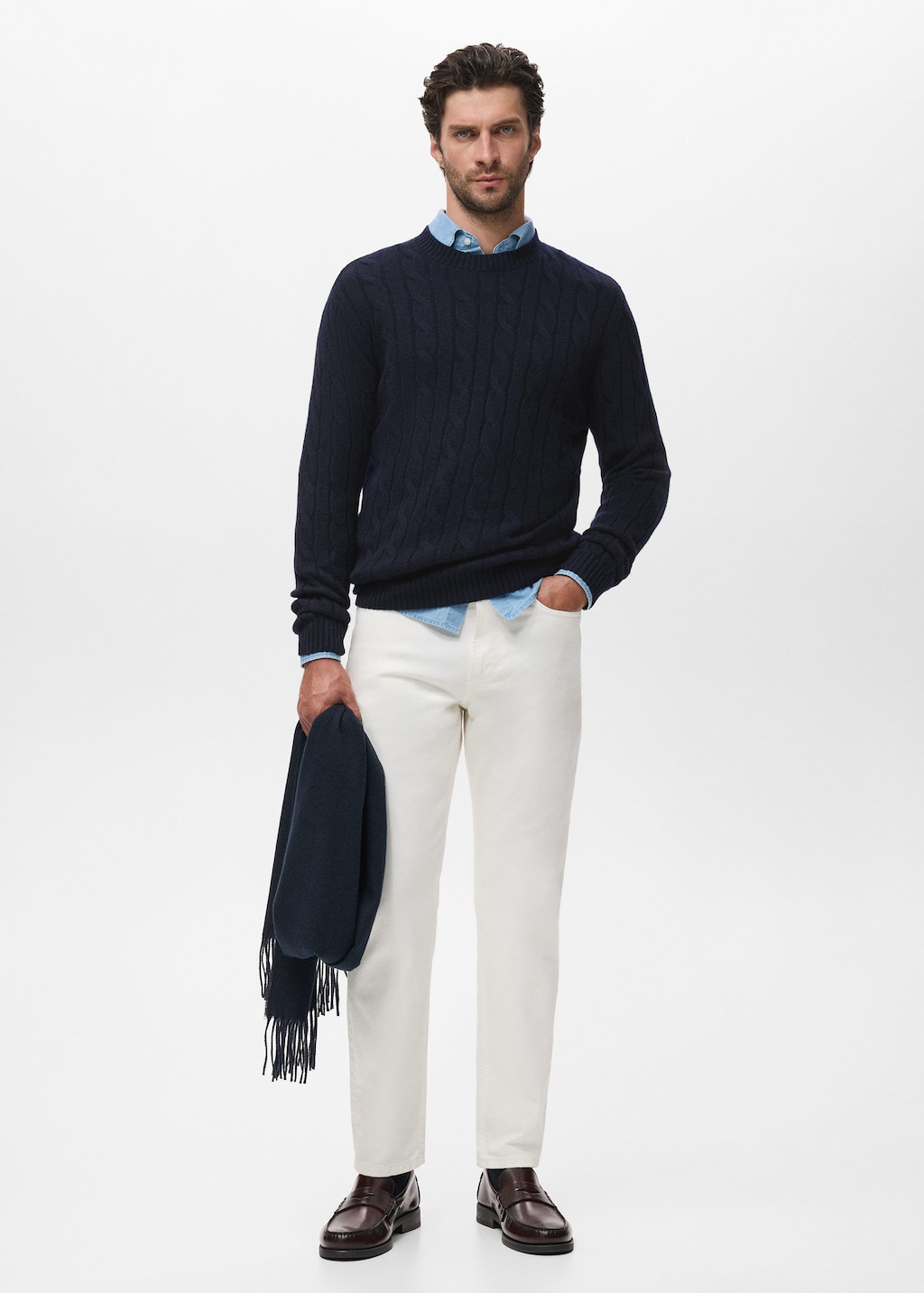Mango Man 100% Wool Braided Sweater Navy In Blue