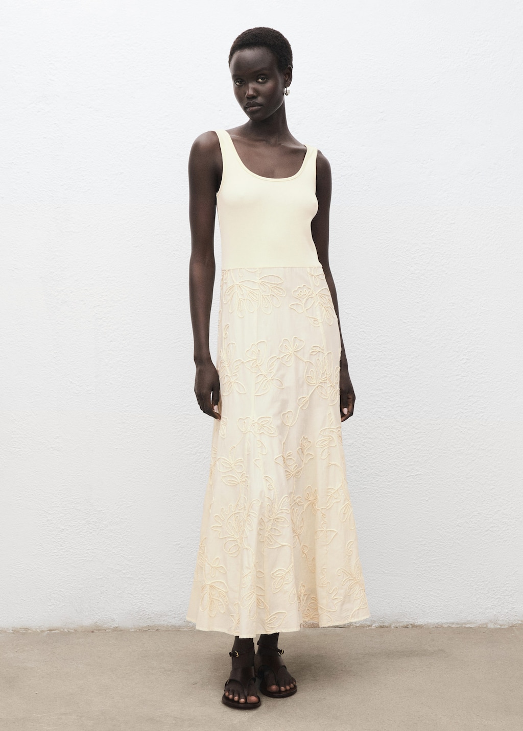 Mango Floral-embroidered Combined Dress Ecru In Neutral