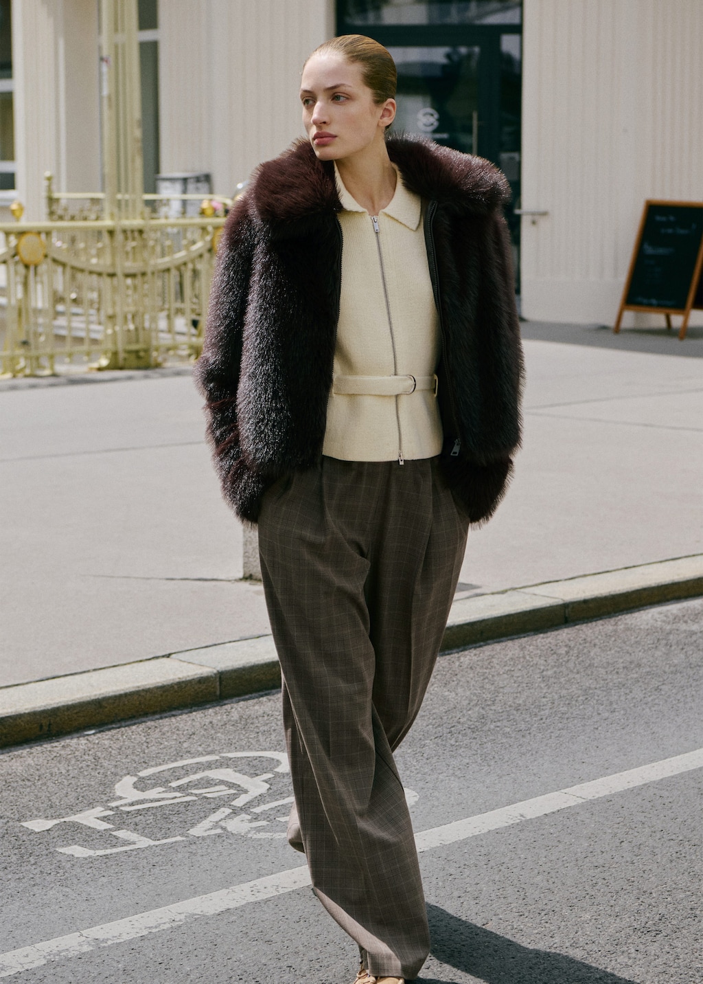 Mango Fur Jacket With Lapels Brown