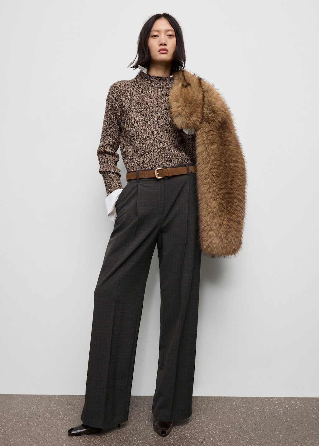 Mango Check Pleated Trousers Brown