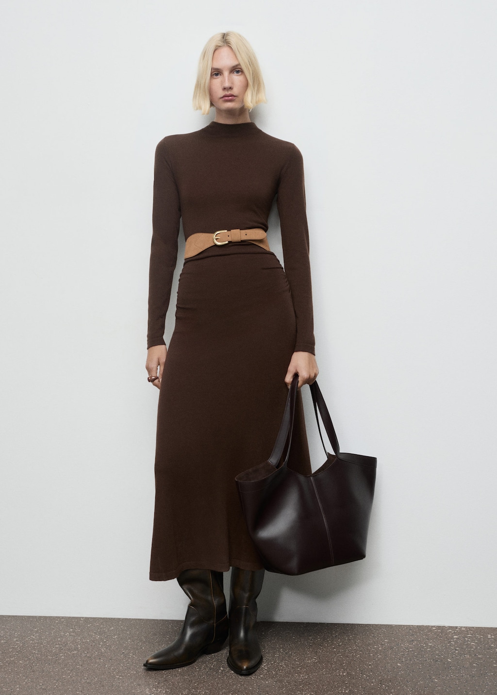 Mango Perkins-neck Knitted Dress Chocolate In Brown