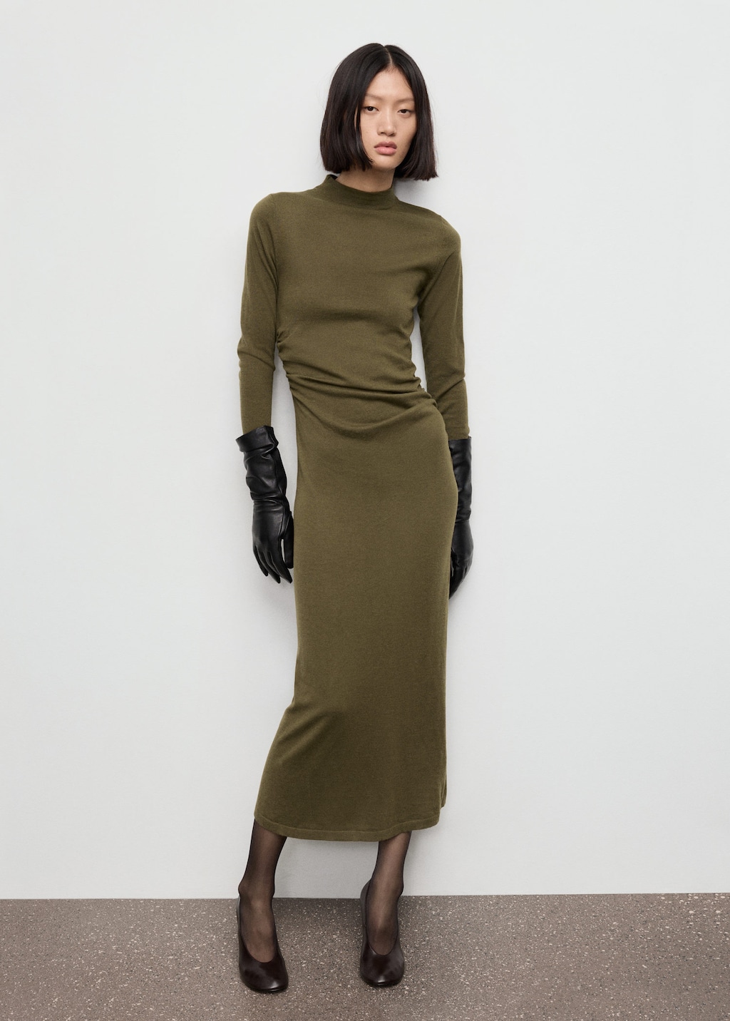 Mango Perkins-neck Knitted Dress Khaki In Brown