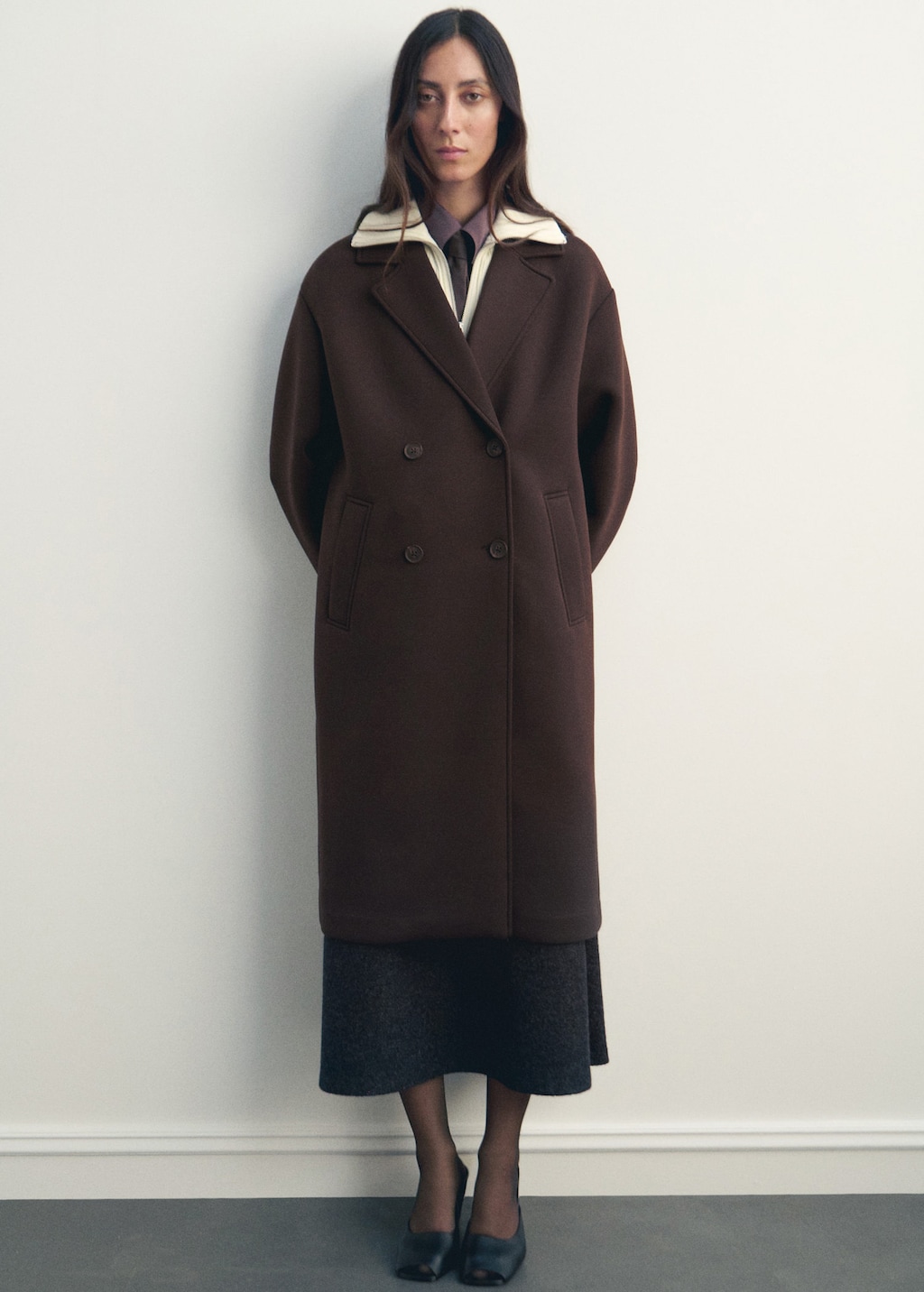 Mango Long Combined Coat Brown