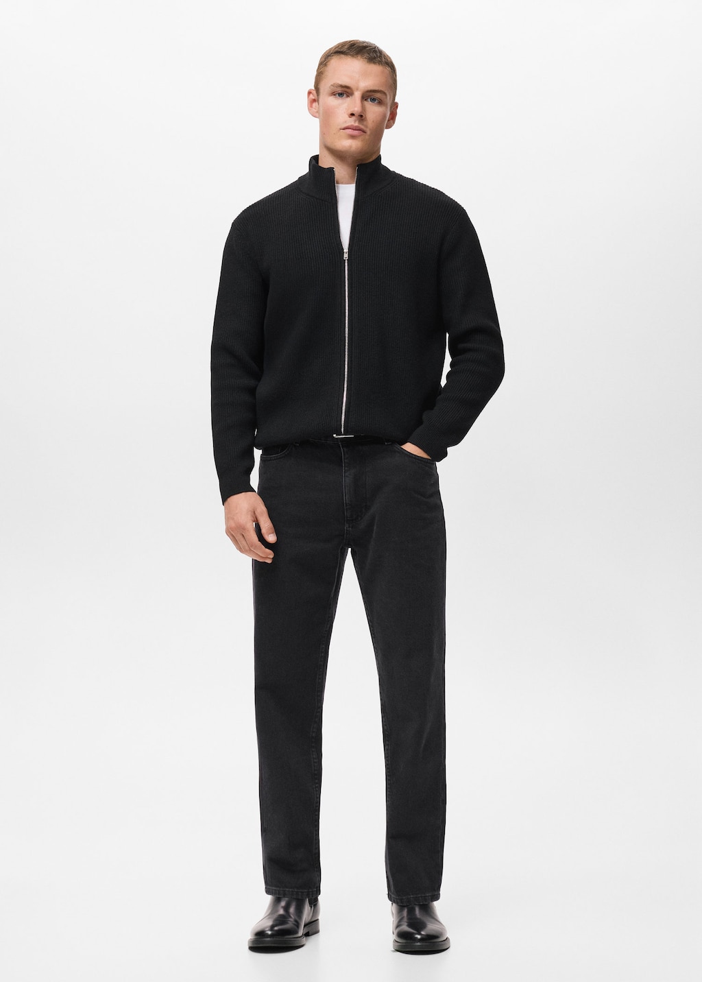 Mango Man Ribbed-knit Cardigan With Zip Black In Blue