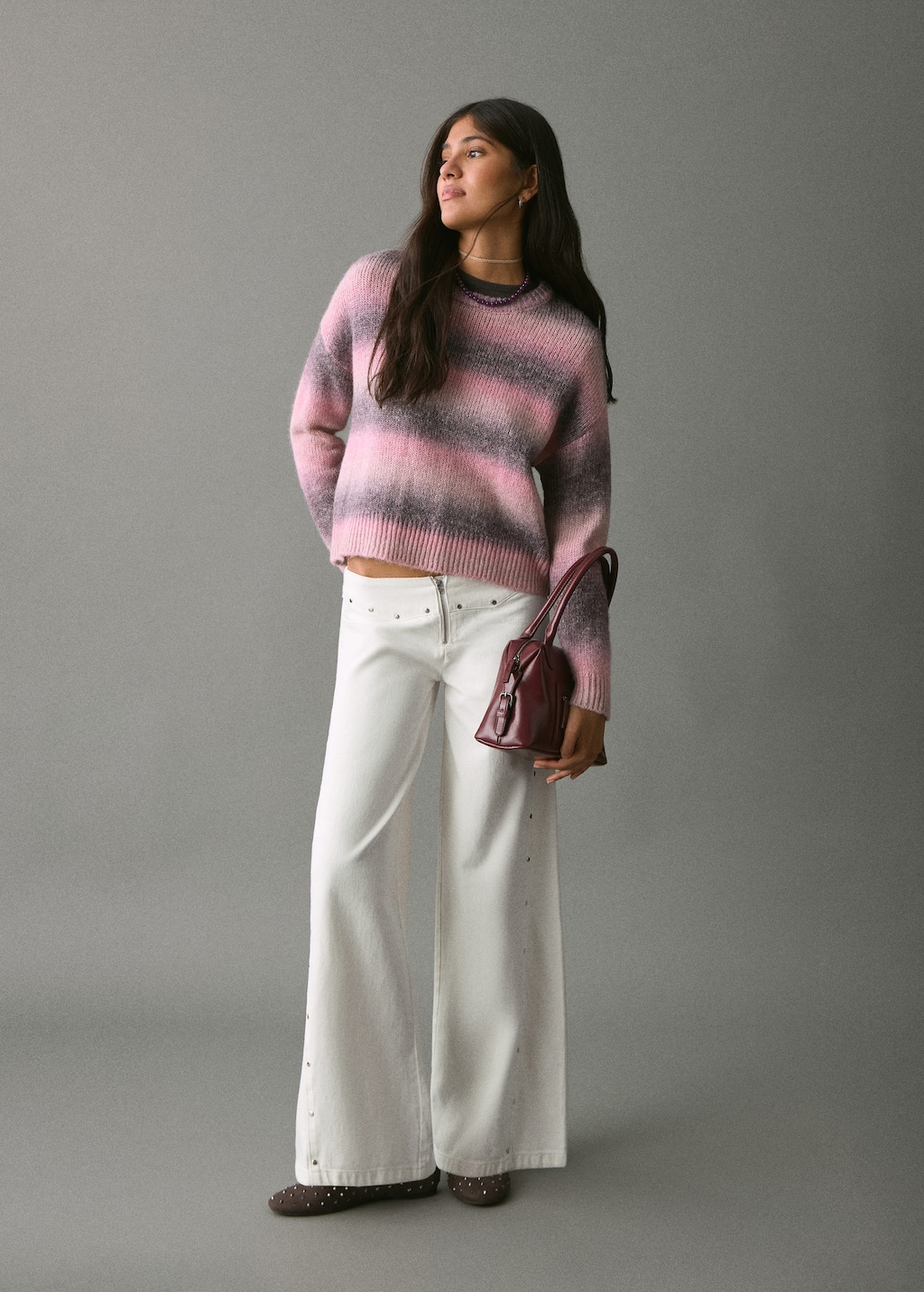 Mango Teen Wide Leg Jeans With Studs Off White