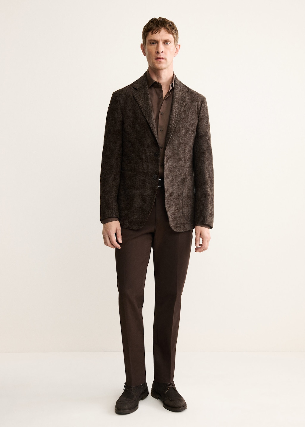 Mango Man Slim-fit Micro-check Wool-blend Jacket Brown