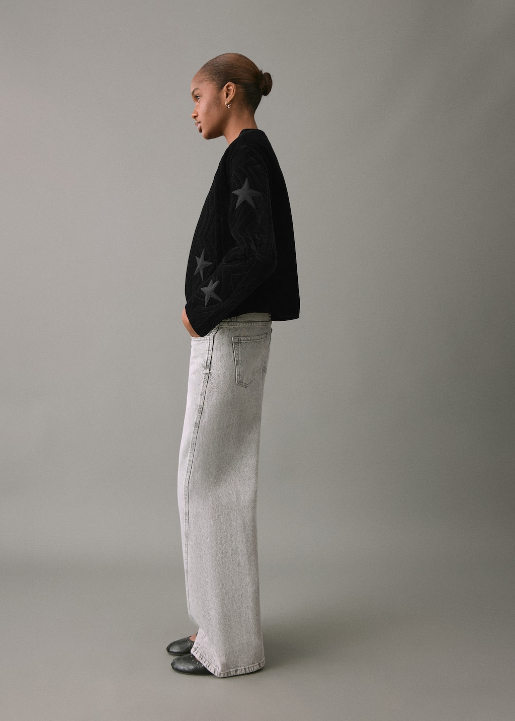 Mango Teen Velvet Star Bomber Jacket Black