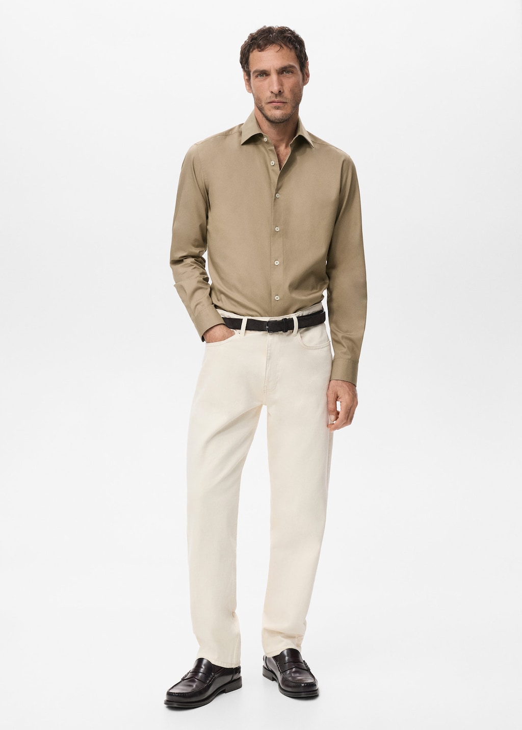 Mango Man Slim Fit Shirt Cotton And Lyocell Brown
