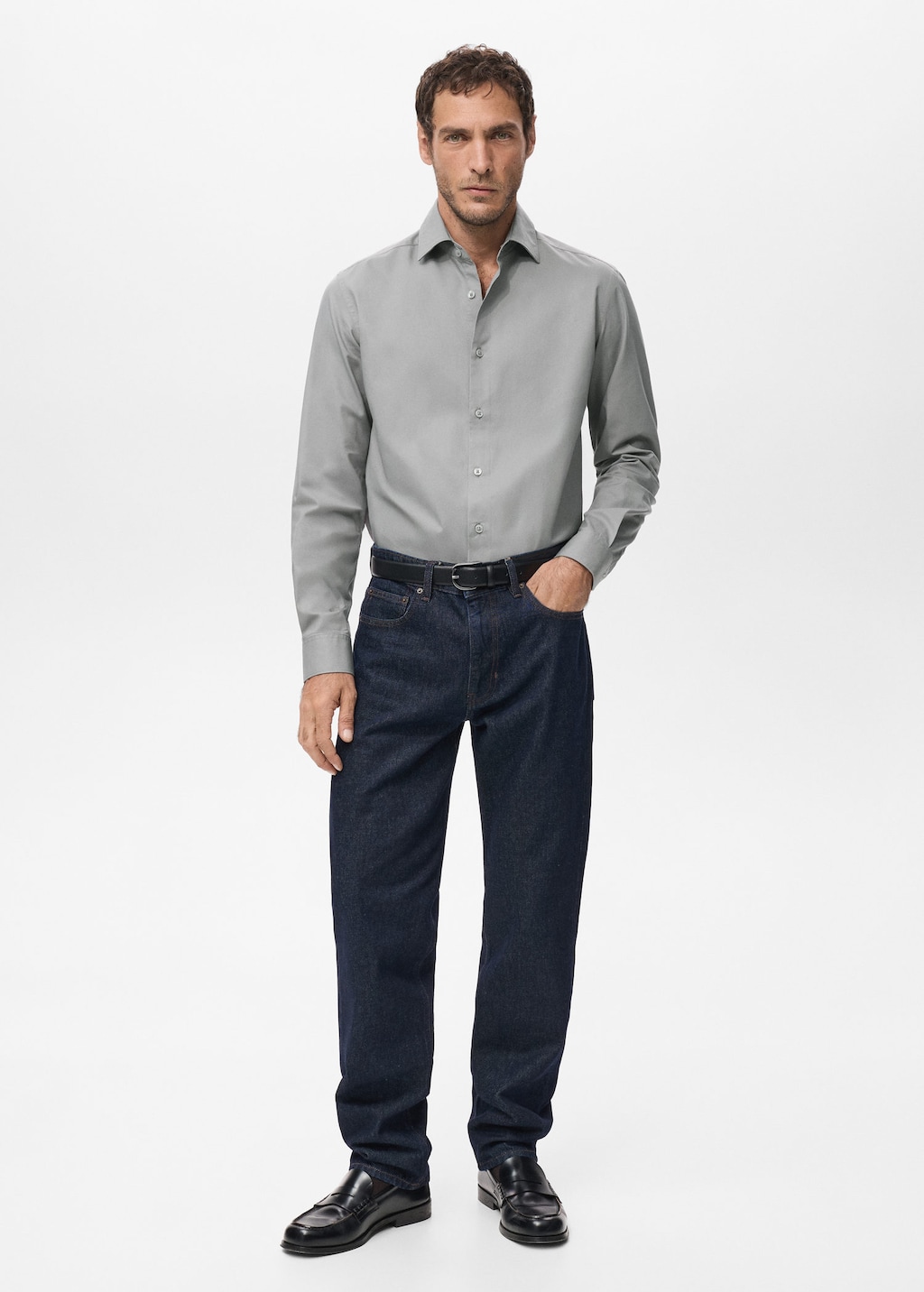 Mango Man Slim Fit Shirt Cotton And Lyocell Grey In Gray