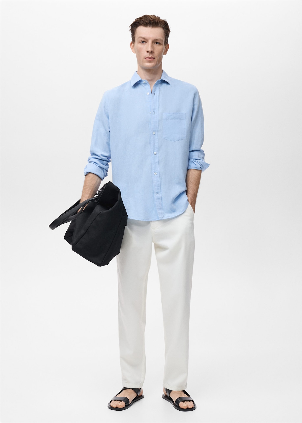 Pocket linen shirt sky blue - Man - XL - MANGO MAN