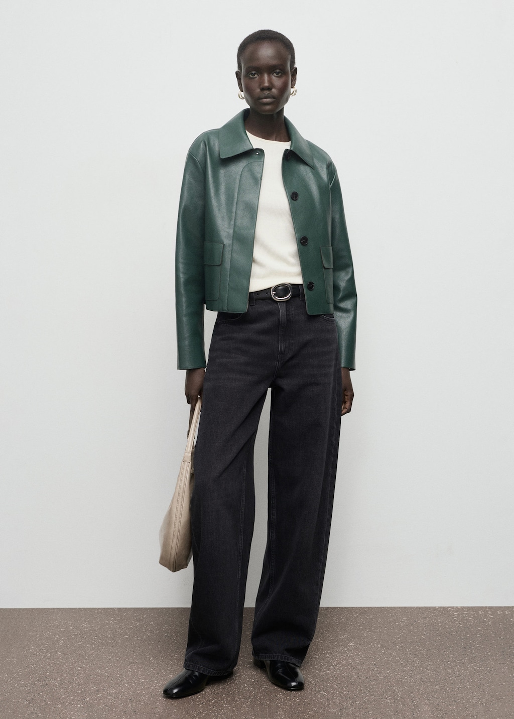 Mango Faux Leather Jacket With Pockets Green