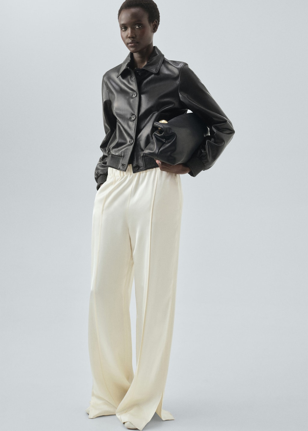 Mango 100% Leather Bomber Jacket Black