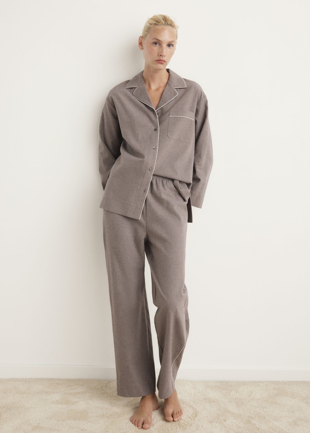 Mango Cotton Flannel Shirt With Contrasting Piping Medium Brown In Gray