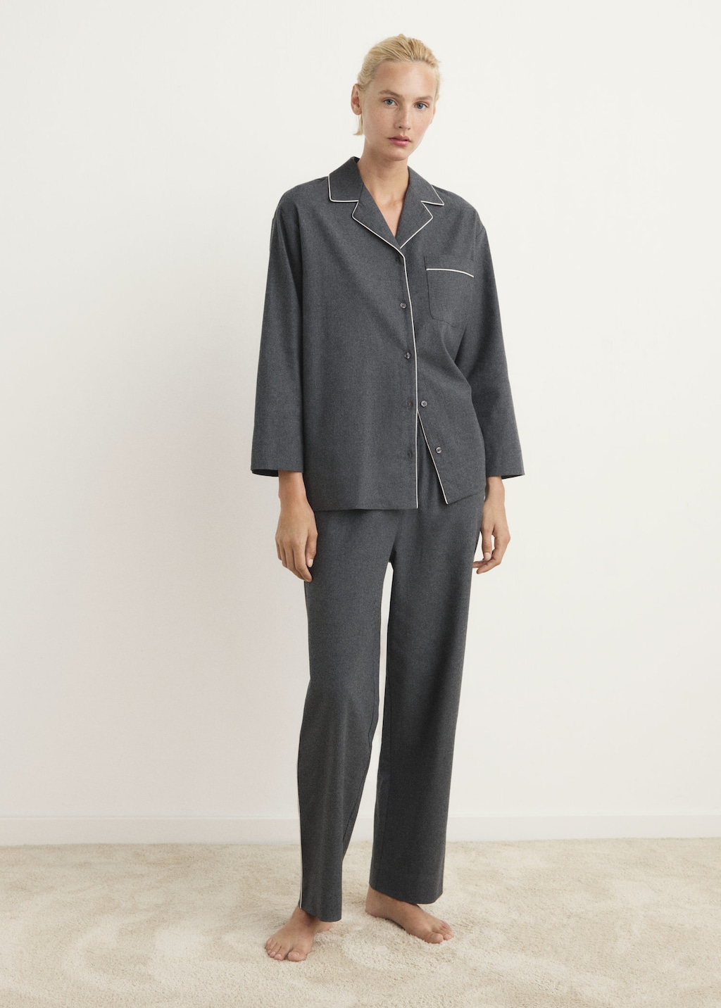 Mango Cotton Flannel Shirt With Contrasting Piping Charcoal In Blue