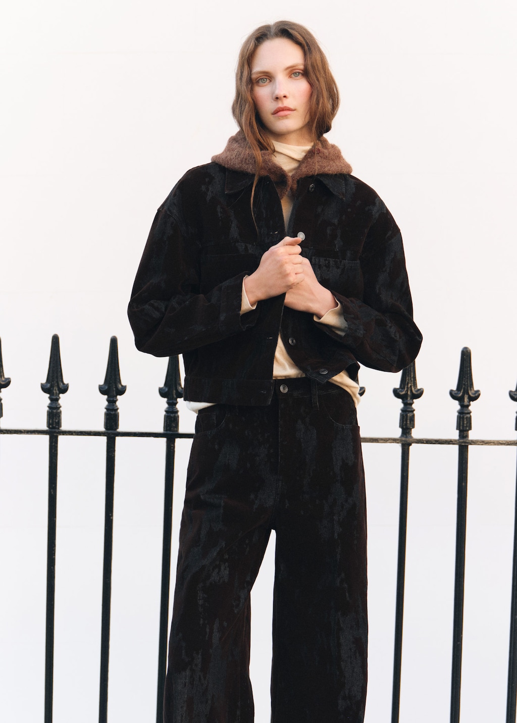 Mango Devoré Denim Jacket Chocolate In Black