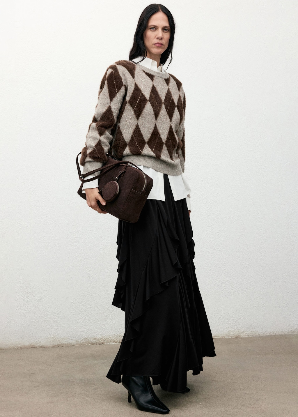 Mango Asymmetrical Ruffled Skirt Black In Multi