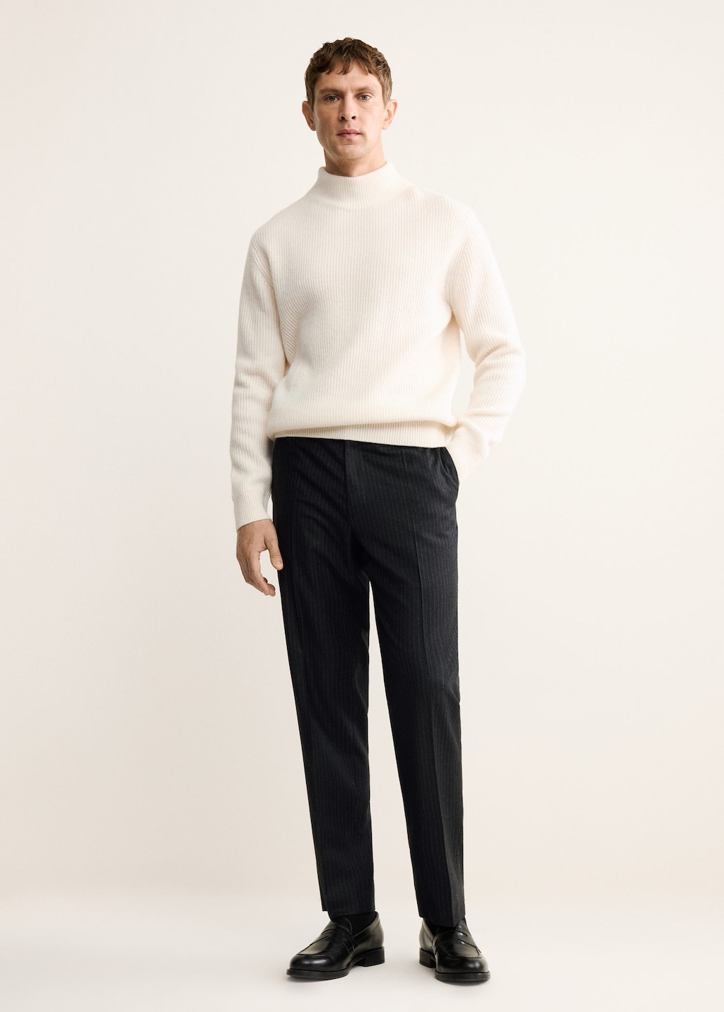 Mango Man 100% Virgin Wool Regular Fit Striped Trousers Dark Heather Grey In Black