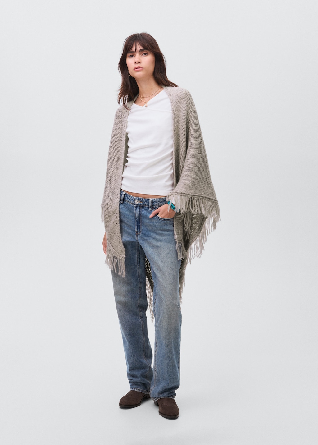Mango Teen Knitted Poncho With Tassels Light/pastel Grey In Gray