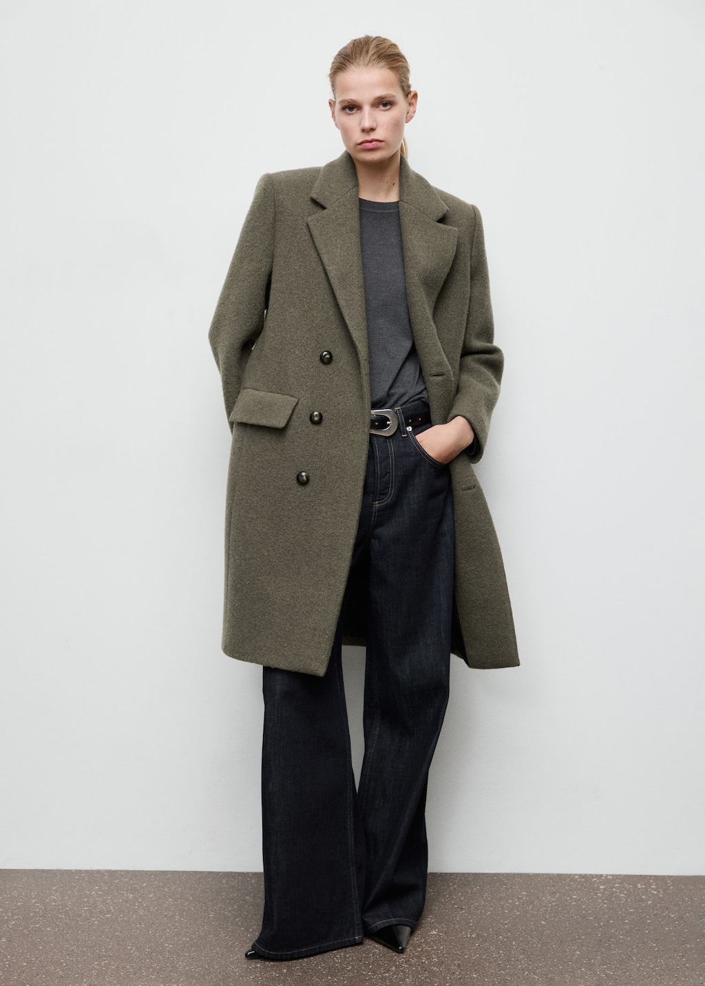 Mango Double-breasted Wool Coat Khaki In Gray