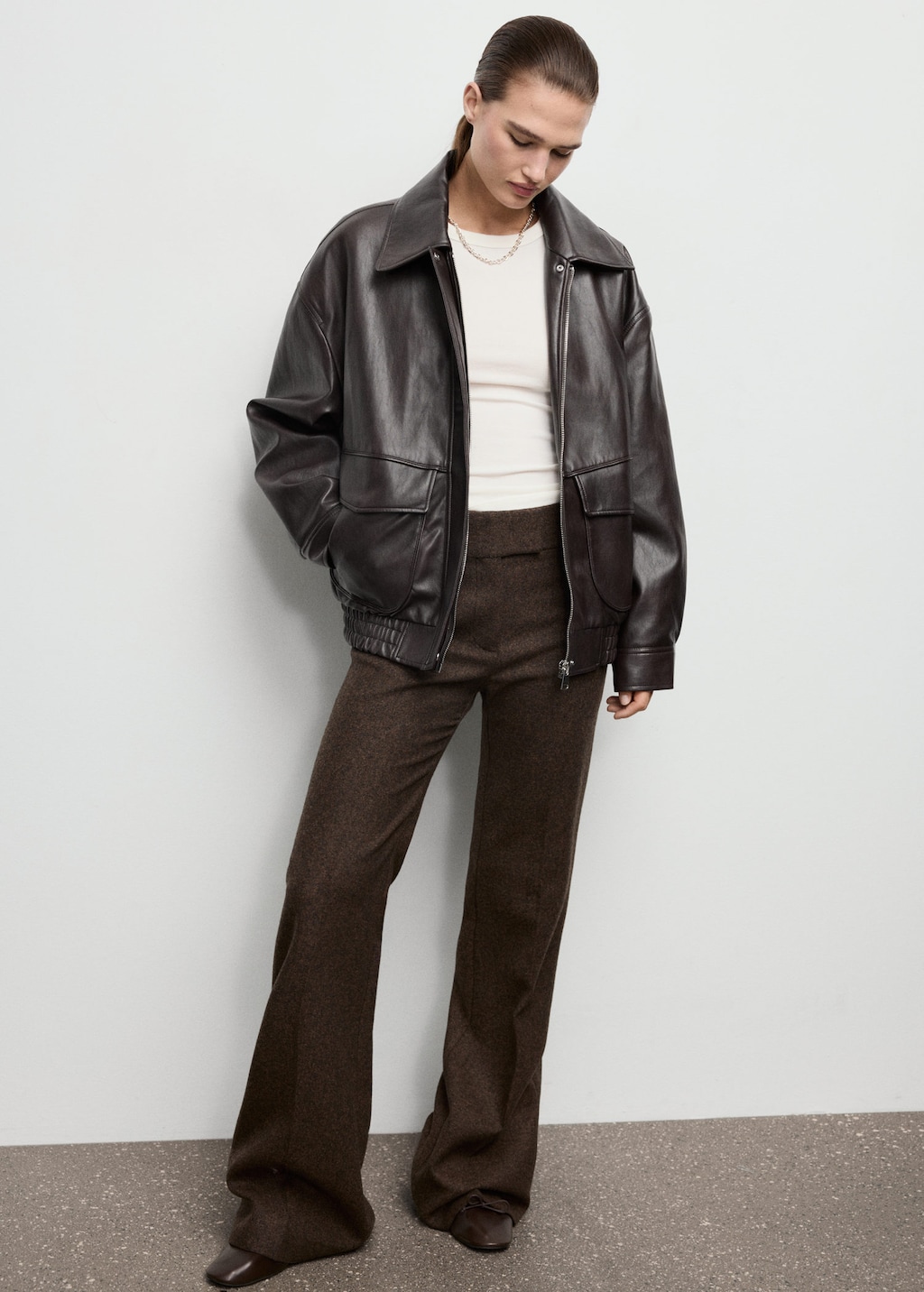Mango Oversized Leather-effect Jacket Brown
