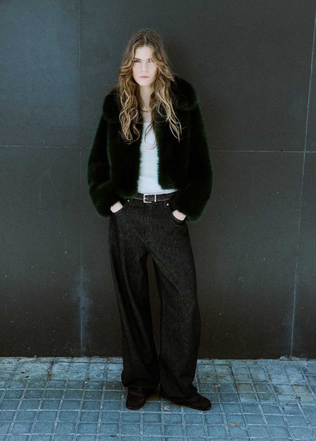 Mango Faux Fur Cropped Jacket Green In Black