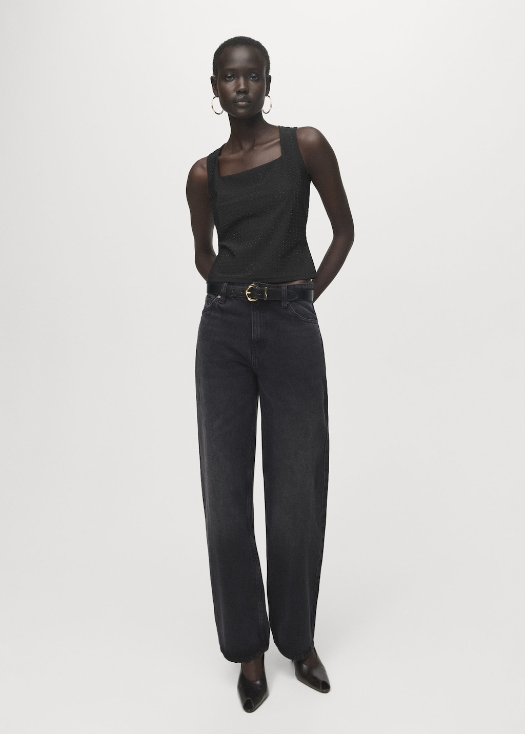 Mango Top Bretelles Détail Strass Noir - Femme - L -  In Black