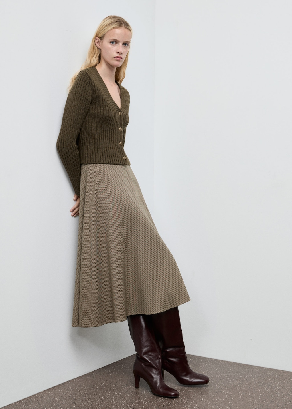 Mango V-neck Ribbed Cardigan Khaki In Brown