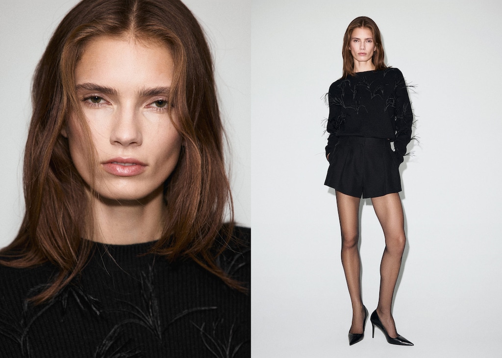 Knitted sweater with feathers