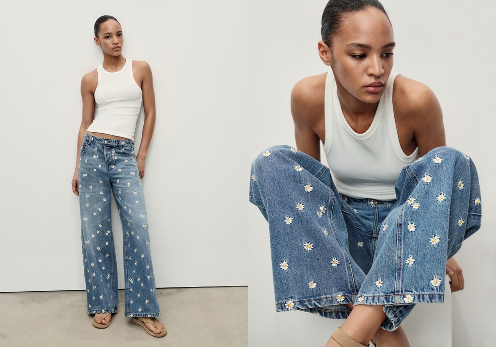 Wide-leg jeans with floral embroidery